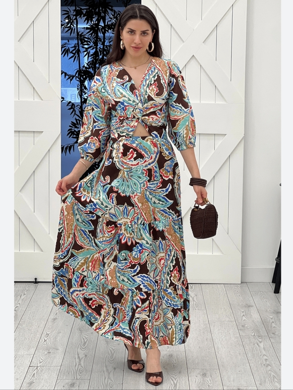 Zara Multicolor Floral Print Cut-Out Flounced Puff Sleeve Poplin Dress Size LG - Picture 2 of 14